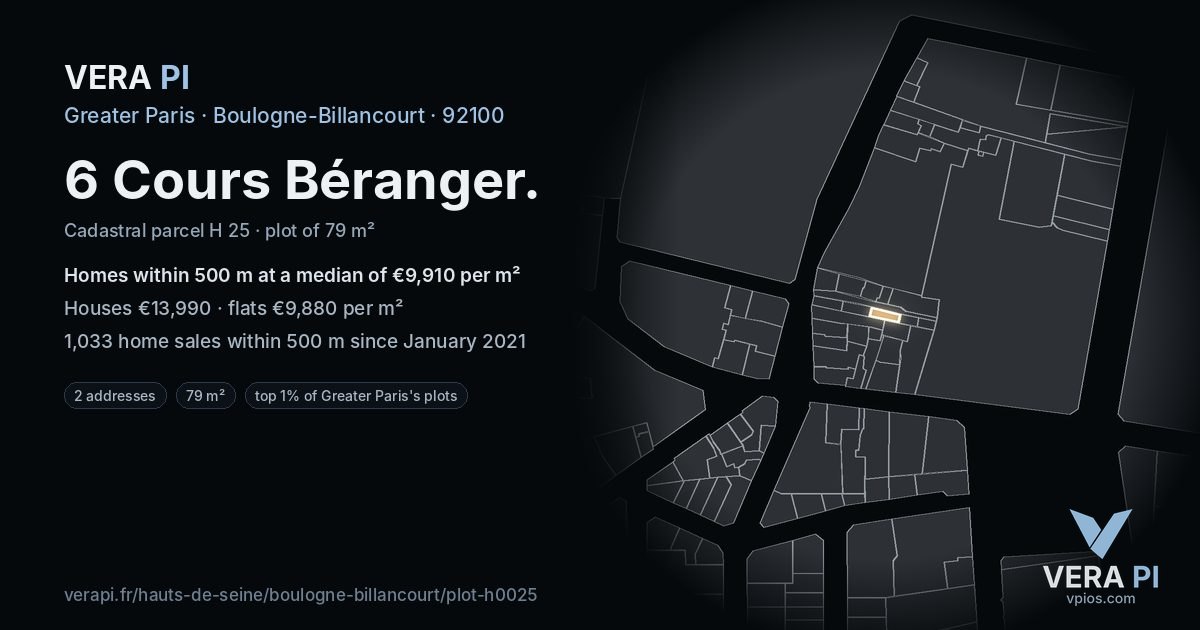 6 Cours Béranger, Boulogne-Billancourt at night – the plot lit, the parcels around coloured by the prices near them