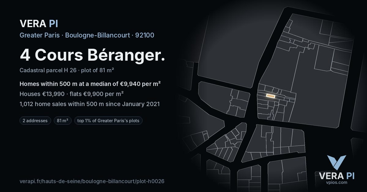 4 Cours Béranger, Boulogne-Billancourt at night – the plot lit, the parcels around coloured by the prices near them