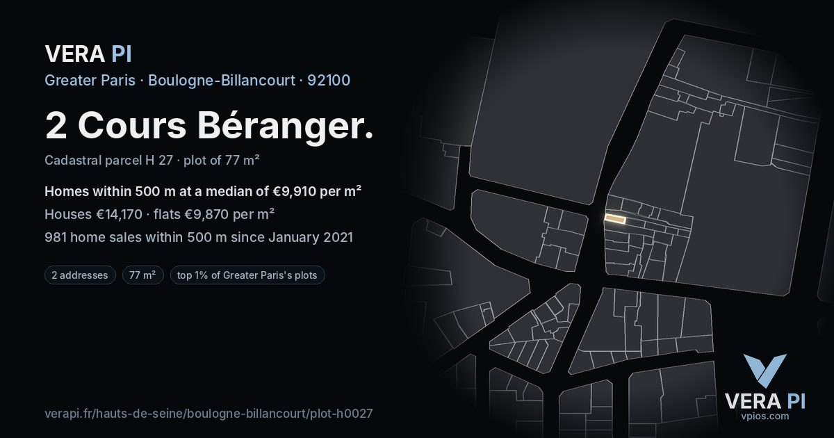 2 Cours Béranger, Boulogne-Billancourt at night – the plot lit, the parcels around coloured by the prices near them