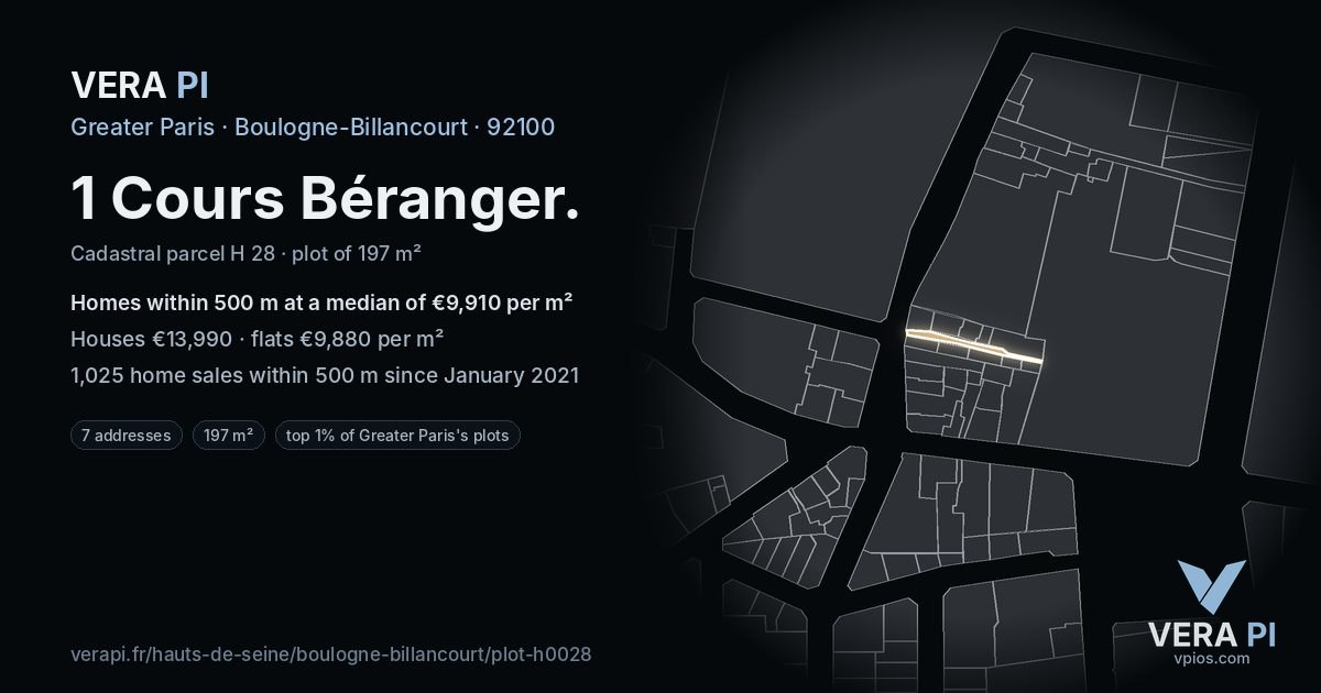 1 Cours Béranger, Boulogne-Billancourt at night – the plot lit, the parcels around coloured by the prices near them