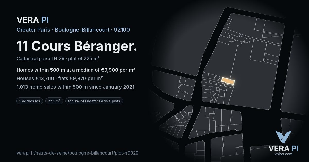 11 Cours Béranger, Boulogne-Billancourt at night – the plot lit, the parcels around coloured by the prices near them