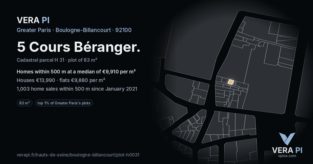 5 Cours Béranger, Boulogne-Billancourt at night – the plot lit, the parcels around coloured by the prices near them