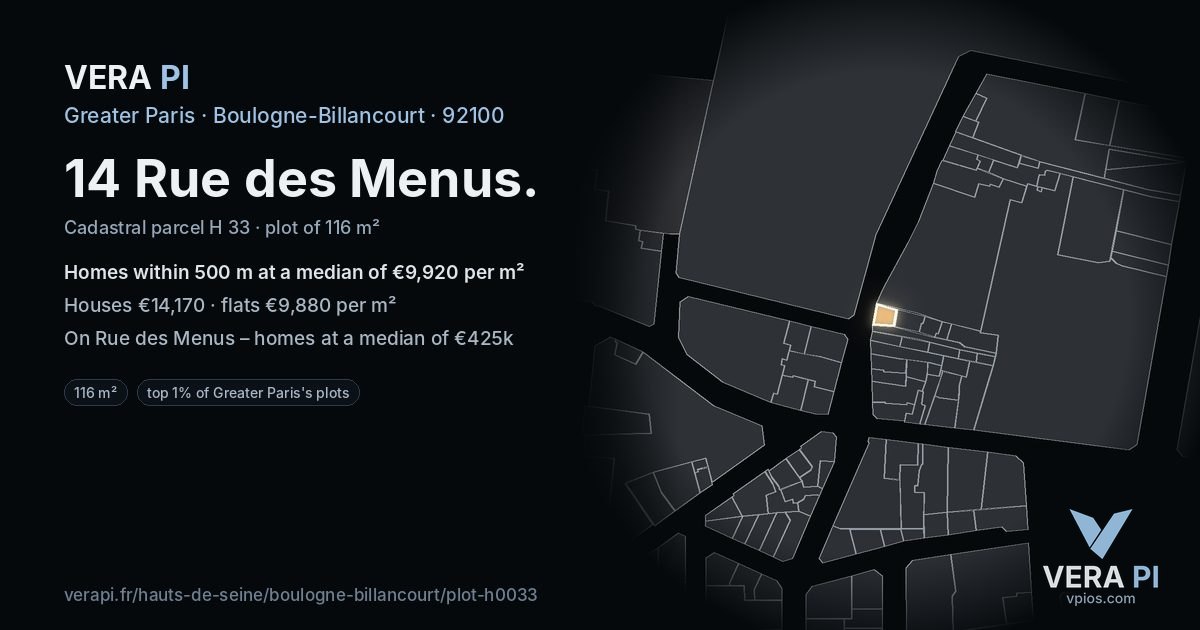 14 Rue des Menus, Boulogne-Billancourt at night – the plot lit, the parcels around coloured by the prices near them