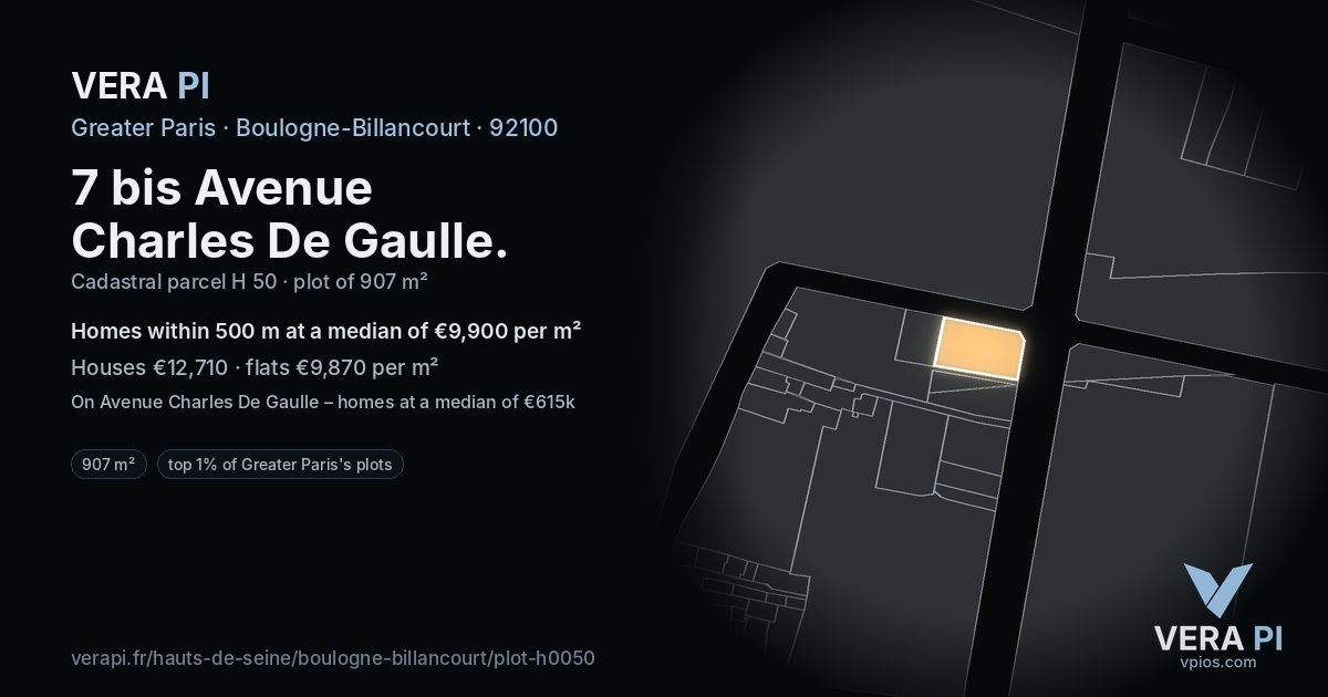 7 bis Avenue Charles De Gaulle, Boulogne-Billancourt at night – the plot lit, the parcels around coloured by the prices near them