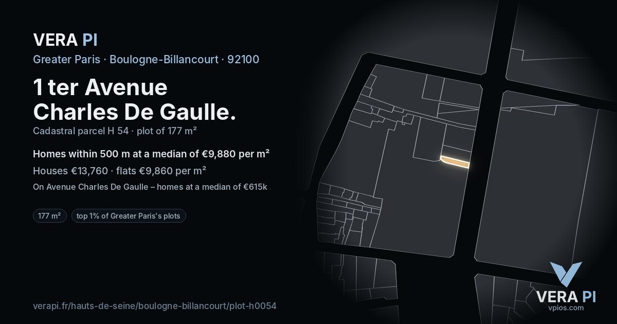 1 ter Avenue Charles De Gaulle, Boulogne-Billancourt at night – the plot lit, the parcels around coloured by the prices near them