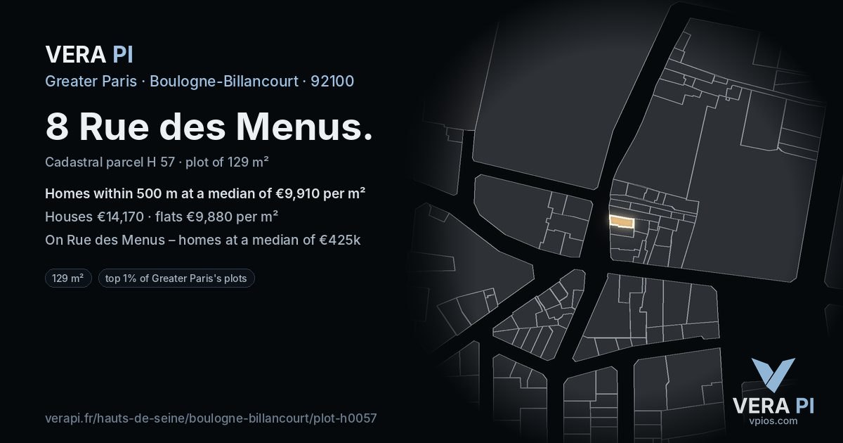 8 Rue des Menus, Boulogne-Billancourt at night – the plot lit, the parcels around coloured by the prices near them