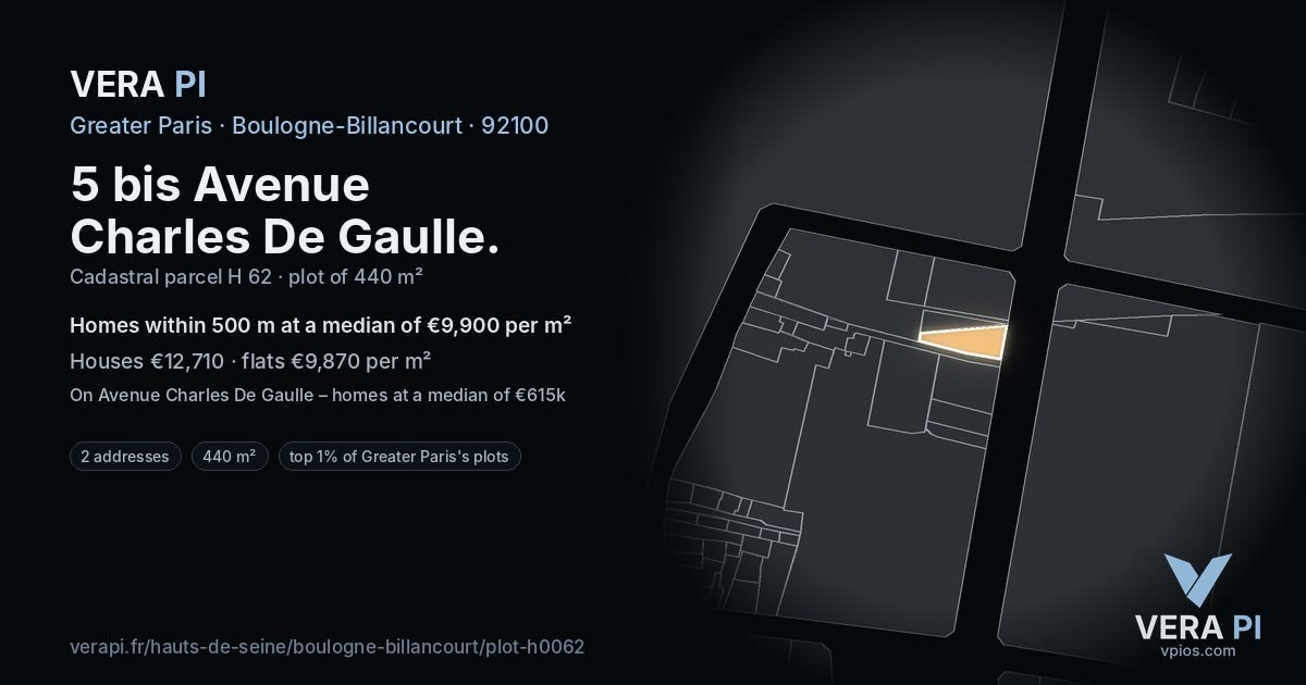 5 bis Avenue Charles De Gaulle, Boulogne-Billancourt at night – the plot lit, the parcels around coloured by the prices near them