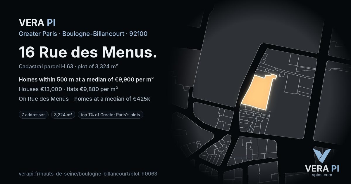 16 Rue des Menus, Boulogne-Billancourt at night – the plot lit, the parcels around coloured by the prices near them
