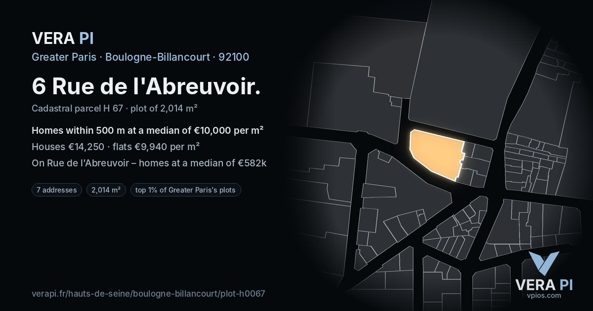 6 Rue de l'Abreuvoir, Boulogne-Billancourt at night – the plot lit, the parcels around coloured by the prices near them