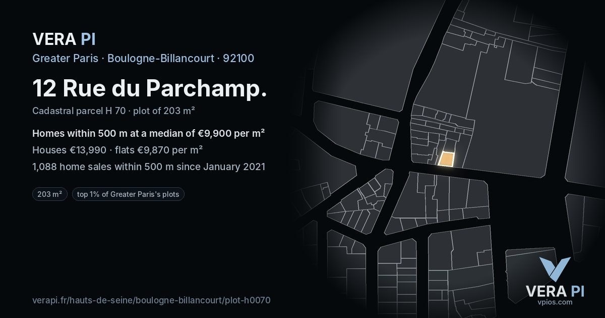 12 Rue du Parchamp, Boulogne-Billancourt at night – the plot lit, the parcels around coloured by the prices near them
