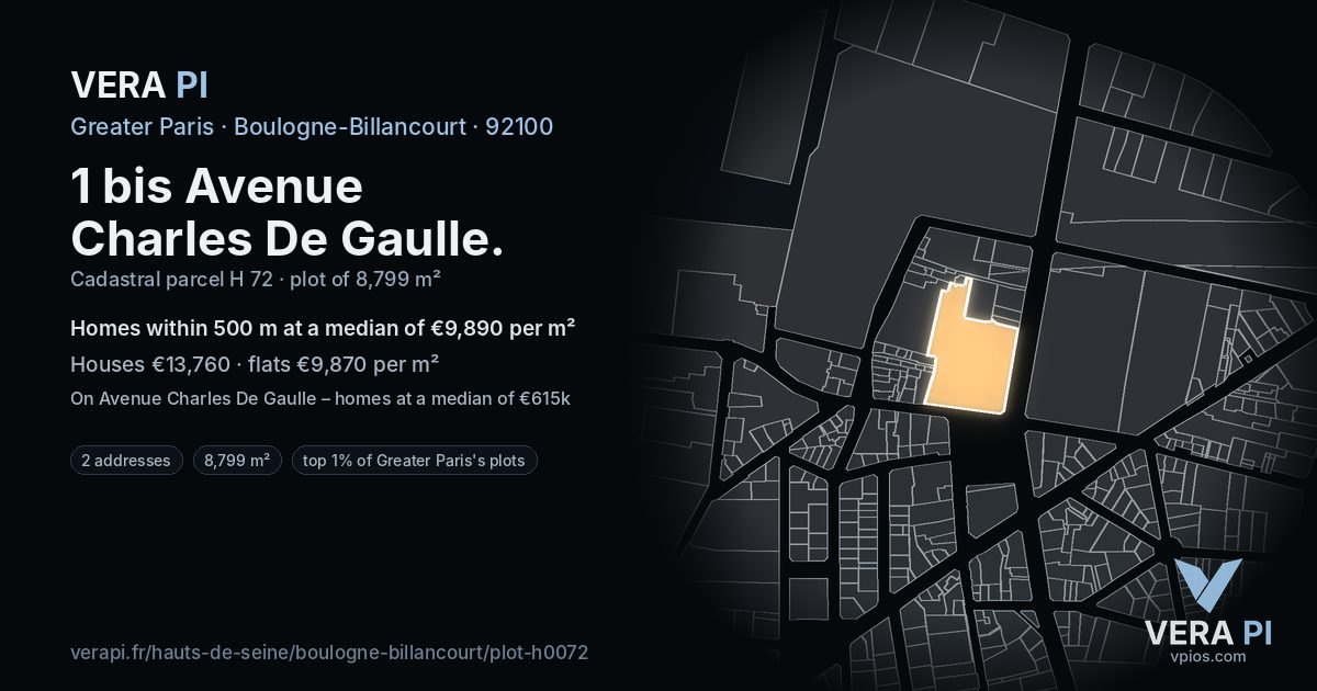 1 bis Avenue Charles De Gaulle, Boulogne-Billancourt at night – the plot lit, the parcels around coloured by the prices near them
