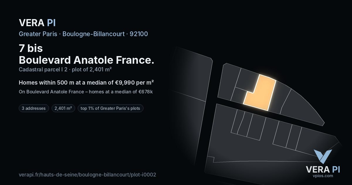 7 bis Boulevard Anatole France, Boulogne-Billancourt at night – the plot lit, the parcels around coloured by the prices near them