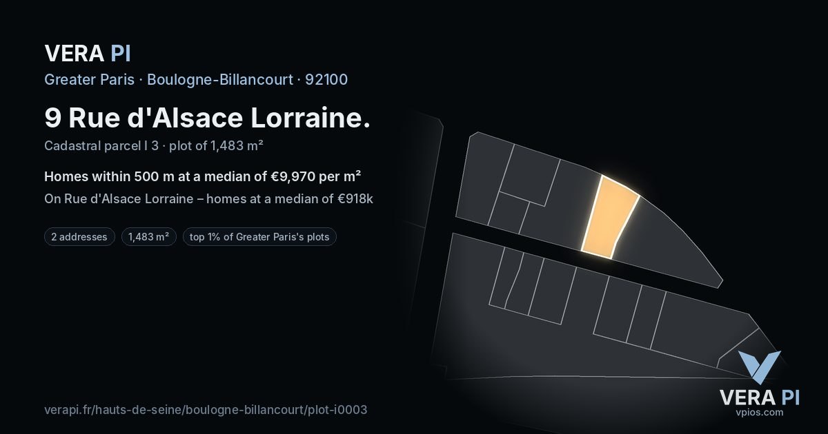 9 Rue d'Alsace Lorraine, Boulogne-Billancourt at night – the plot lit, the parcels around coloured by the prices near them