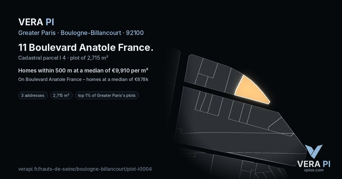 11 Boulevard Anatole France, Boulogne-Billancourt at night – the plot lit, the parcels around coloured by the prices near them