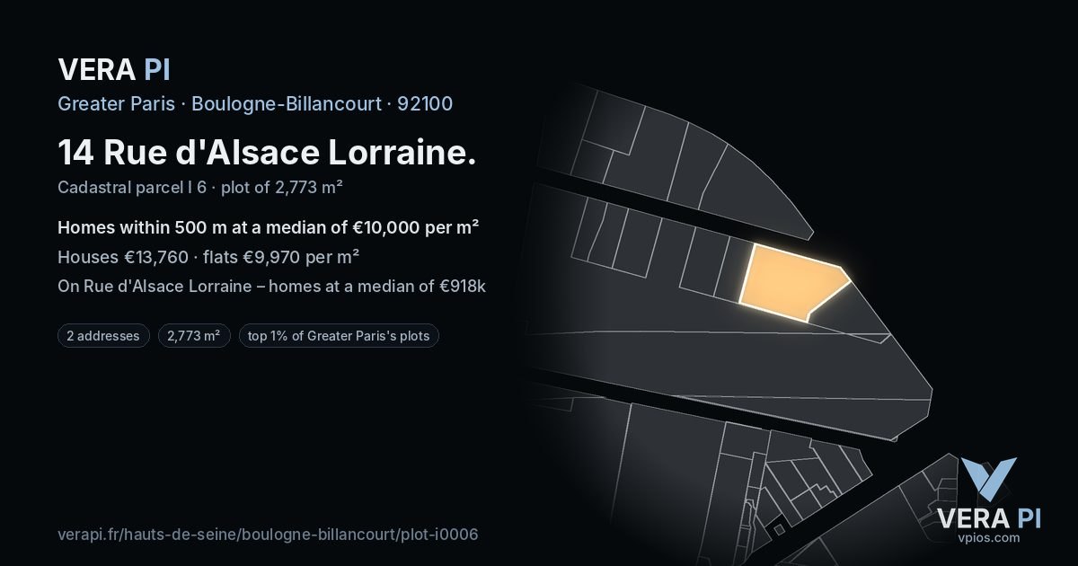 14 Rue d'Alsace Lorraine, Boulogne-Billancourt at night – the plot lit, the parcels around coloured by the prices near them
