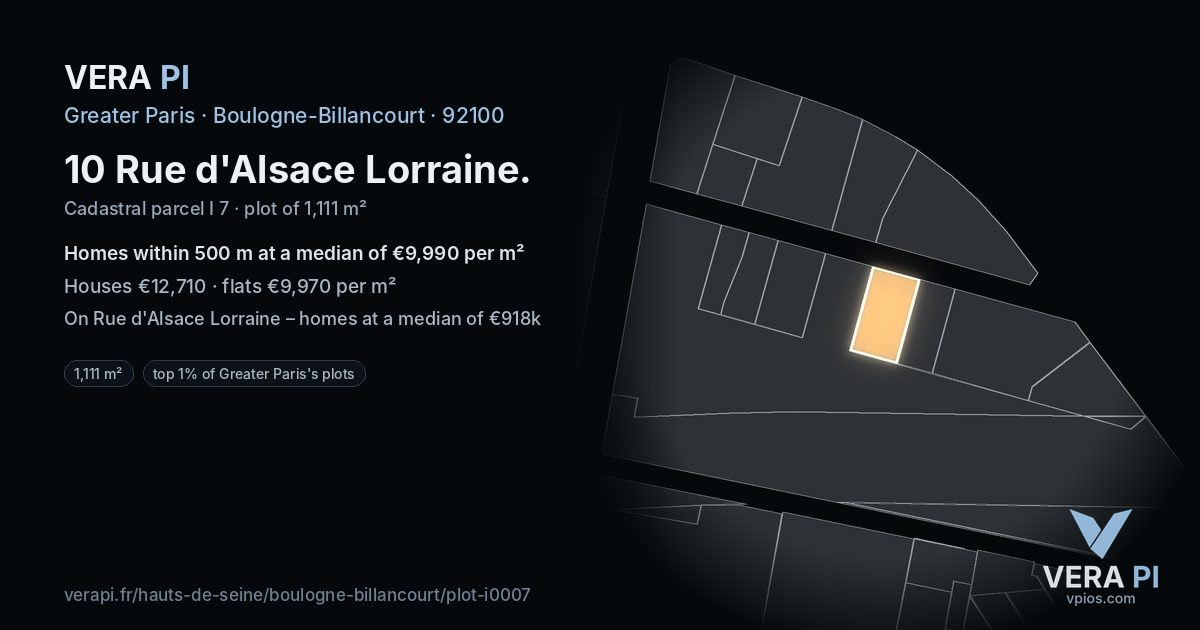 10 Rue d'Alsace Lorraine, Boulogne-Billancourt at night – the plot lit, the parcels around coloured by the prices near them