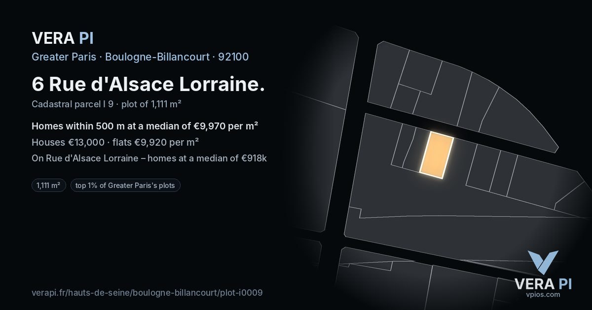 6 Rue d'Alsace Lorraine, Boulogne-Billancourt at night – the plot lit, the parcels around coloured by the prices near them