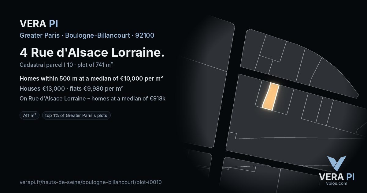 4 Rue d'Alsace Lorraine, Boulogne-Billancourt at night – the plot lit, the parcels around coloured by the prices near them
