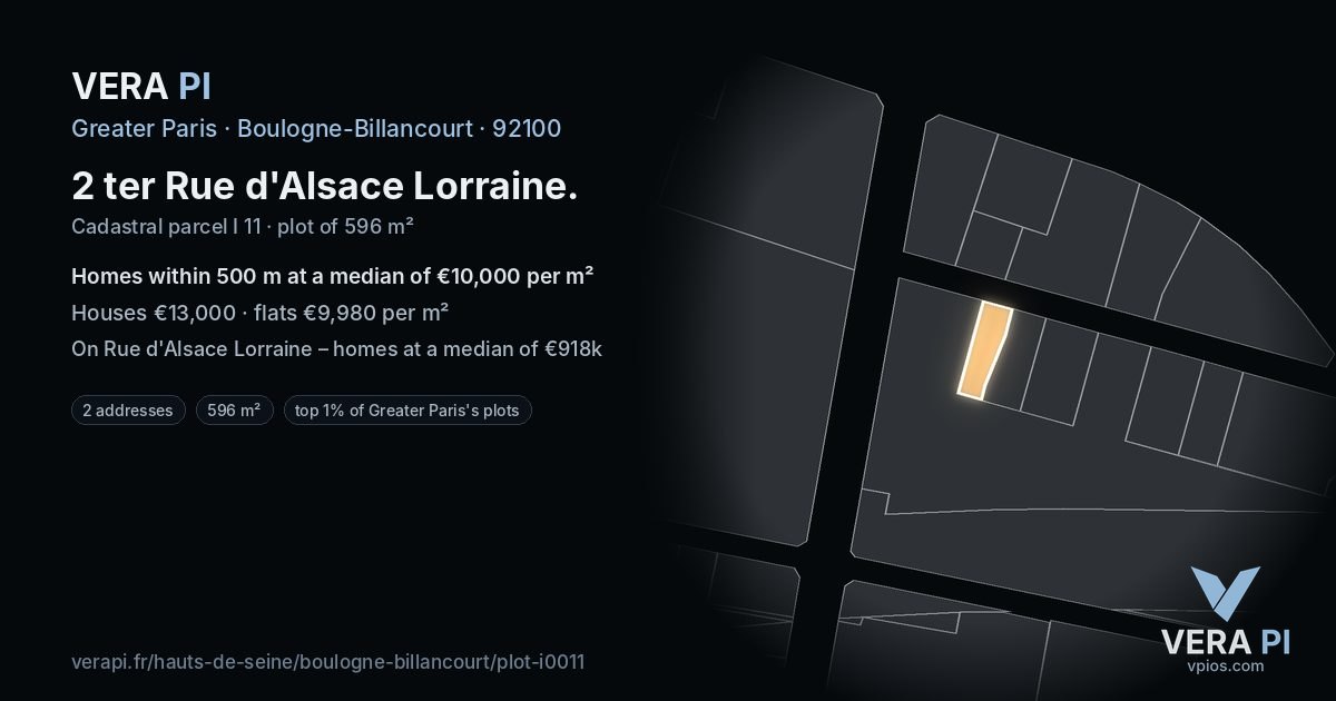 2 ter Rue d'Alsace Lorraine, Boulogne-Billancourt at night – the plot lit, the parcels around coloured by the prices near them