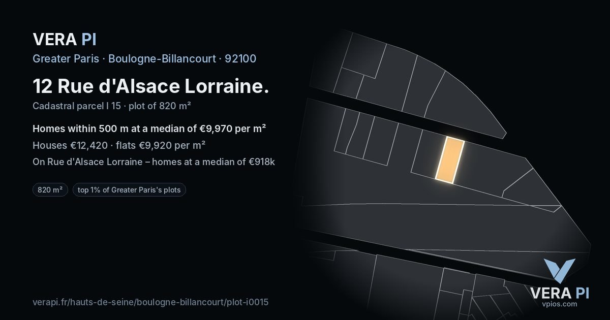 12 Rue d'Alsace Lorraine, Boulogne-Billancourt at night – the plot lit, the parcels around coloured by the prices near them