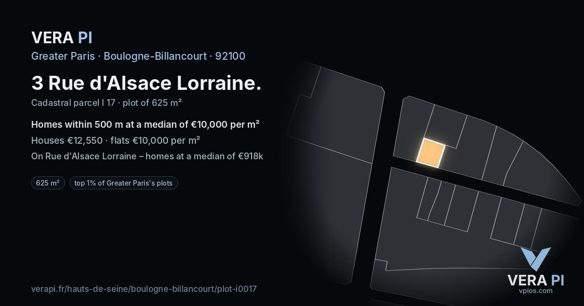 3 Rue d'Alsace Lorraine, Boulogne-Billancourt at night – the plot lit, the parcels around coloured by the prices near them