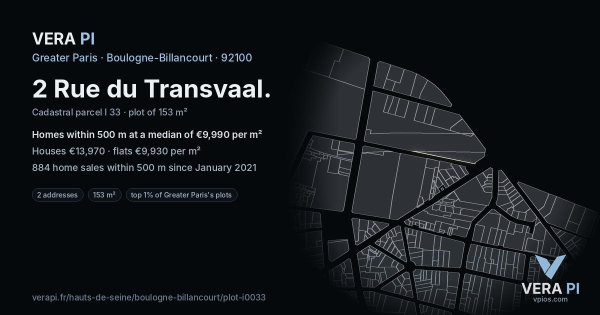 2 Rue du Transvaal, Boulogne-Billancourt at night – the plot lit, the parcels around coloured by the prices near them
