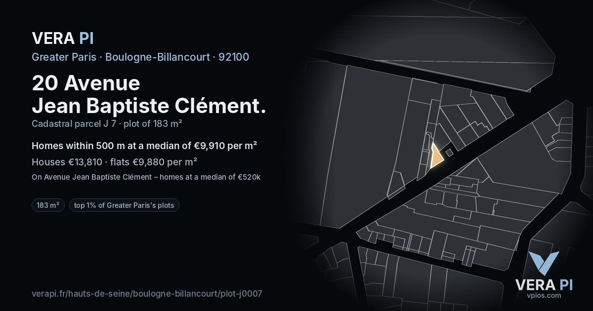 20 Avenue Jean Baptiste Clément, Boulogne-Billancourt at night – the plot lit, the parcels around coloured by the prices near them