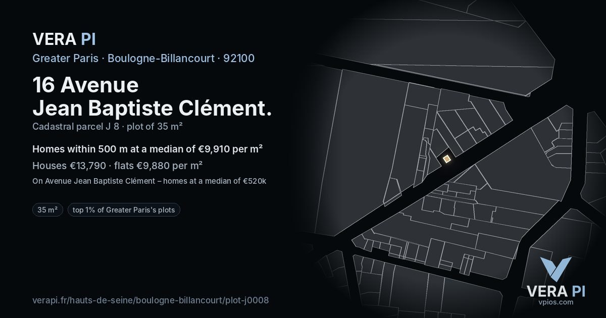 16 Avenue Jean Baptiste Clément, Boulogne-Billancourt at night – the plot lit, the parcels around coloured by the prices near them