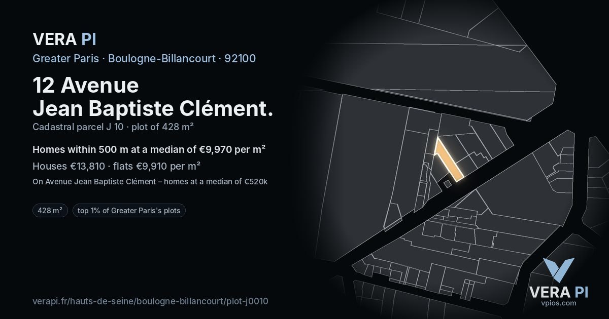 12 Avenue Jean Baptiste Clément, Boulogne-Billancourt at night – the plot lit, the parcels around coloured by the prices near them
