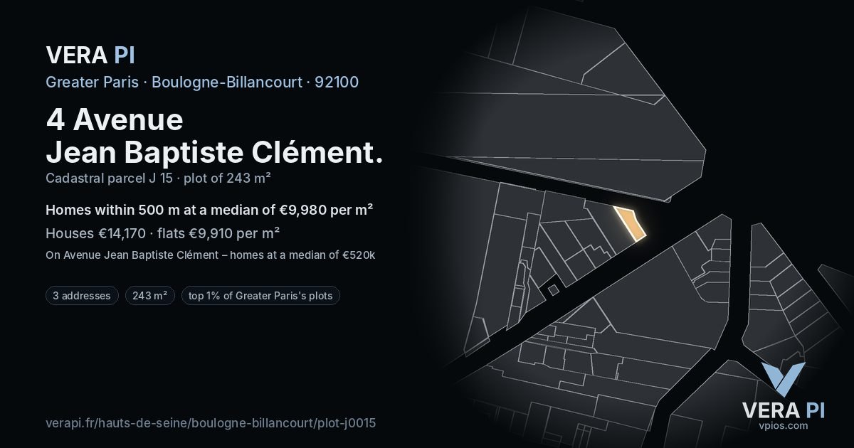 4 Avenue Jean Baptiste Clément, Boulogne-Billancourt at night – the plot lit, the parcels around coloured by the prices near them