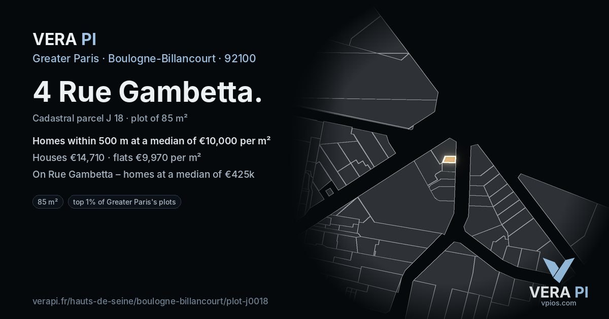 4 Rue Gambetta, Boulogne-Billancourt at night – the plot lit, the parcels around coloured by the prices near them