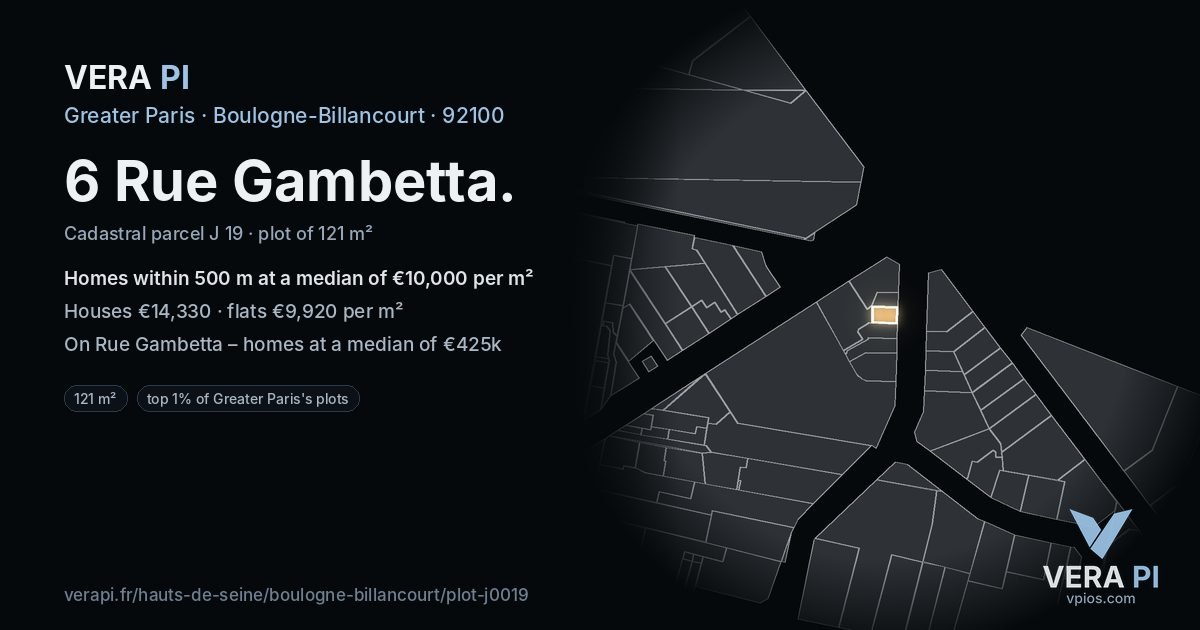 6 Rue Gambetta, Boulogne-Billancourt at night – the plot lit, the parcels around coloured by the prices near them