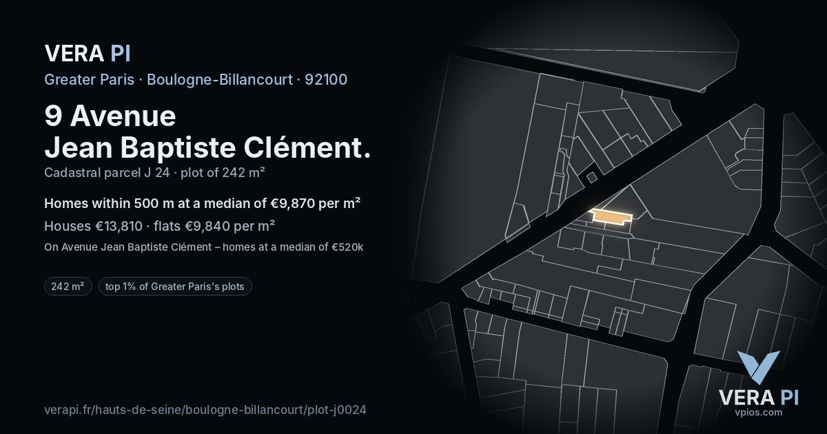 9 Avenue Jean Baptiste Clément, Boulogne-Billancourt at night – the plot lit, the parcels around coloured by the prices near them