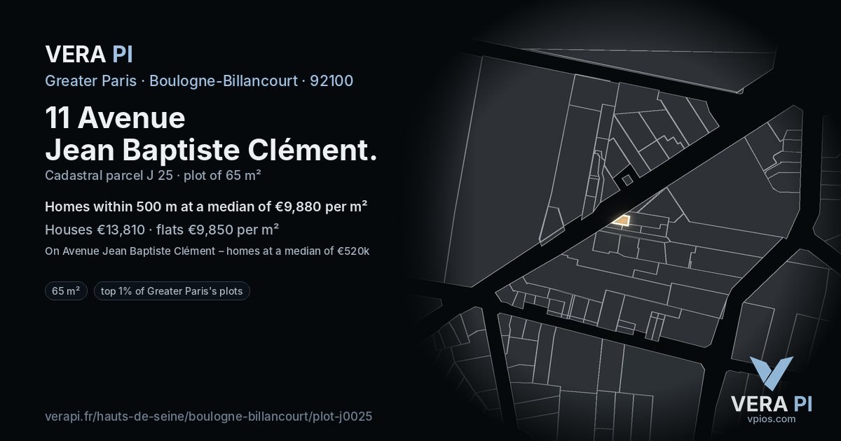 11 Avenue Jean Baptiste Clément, Boulogne-Billancourt at night – the plot lit, the parcels around coloured by the prices near them