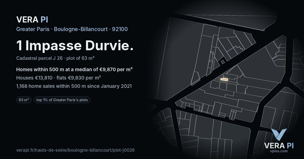1 Impasse Durvie, Boulogne-Billancourt at night – the plot lit, the parcels around coloured by the prices near them