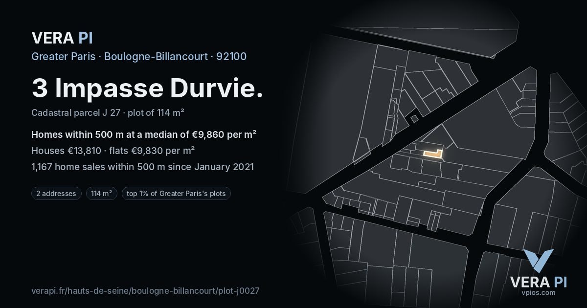 3 Impasse Durvie, Boulogne-Billancourt at night – the plot lit, the parcels around coloured by the prices near them