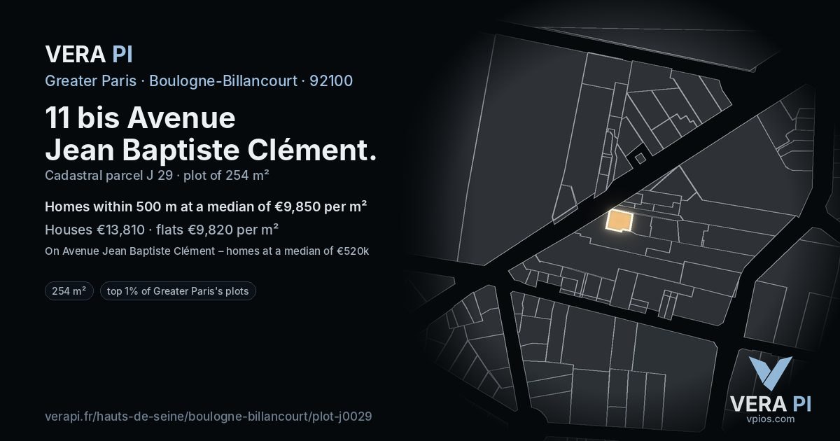 11 bis Avenue Jean Baptiste Clément, Boulogne-Billancourt at night – the plot lit, the parcels around coloured by the prices near them