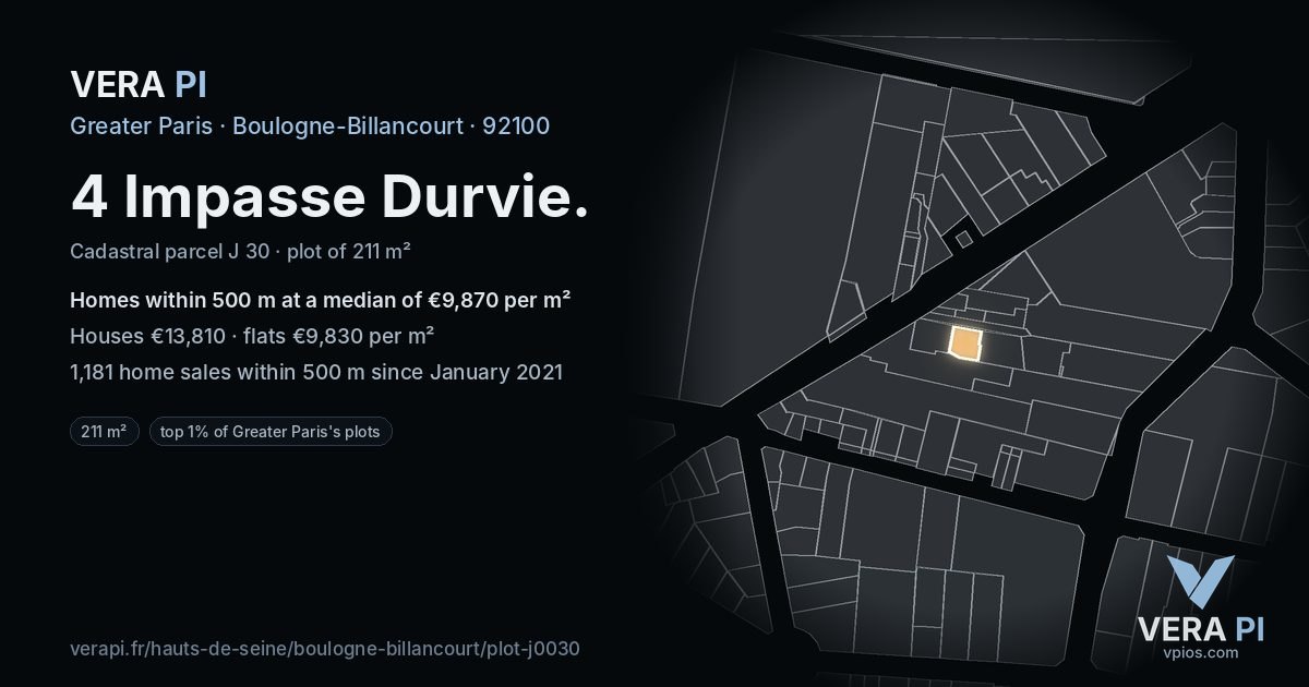4 Impasse Durvie, Boulogne-Billancourt at night – the plot lit, the parcels around coloured by the prices near them