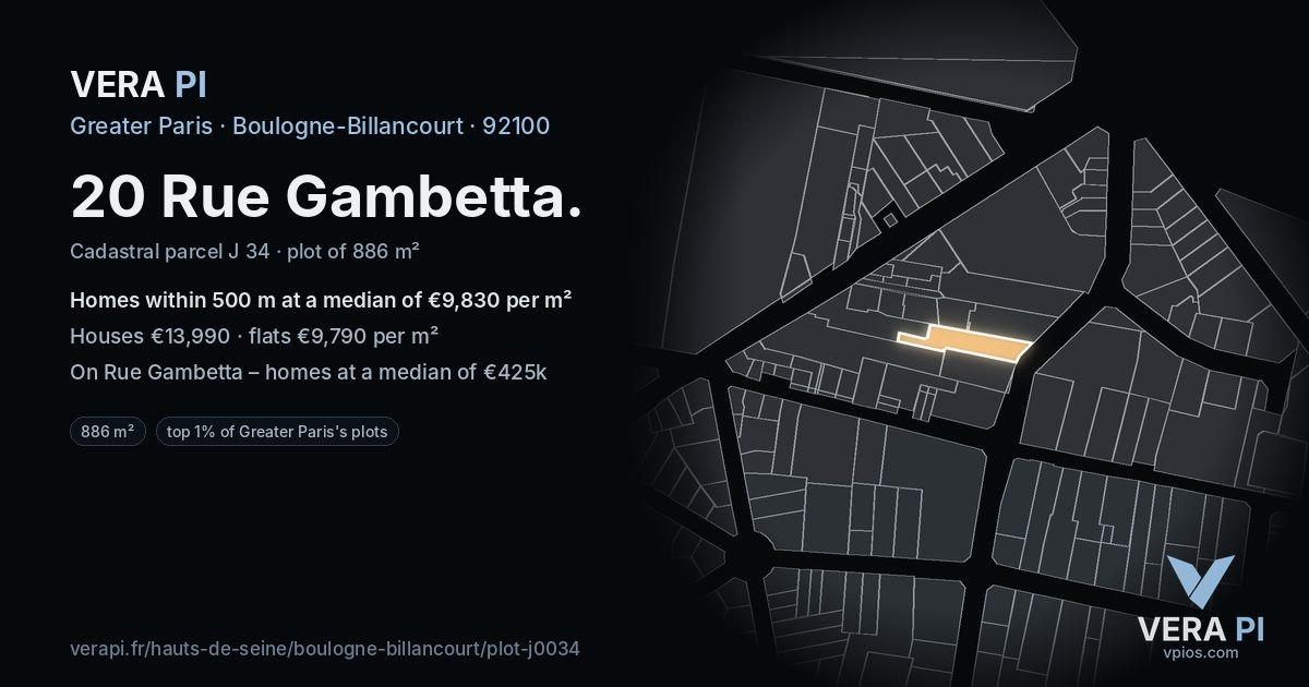 20 Rue Gambetta, Boulogne-Billancourt at night – the plot lit, the parcels around coloured by the prices near them