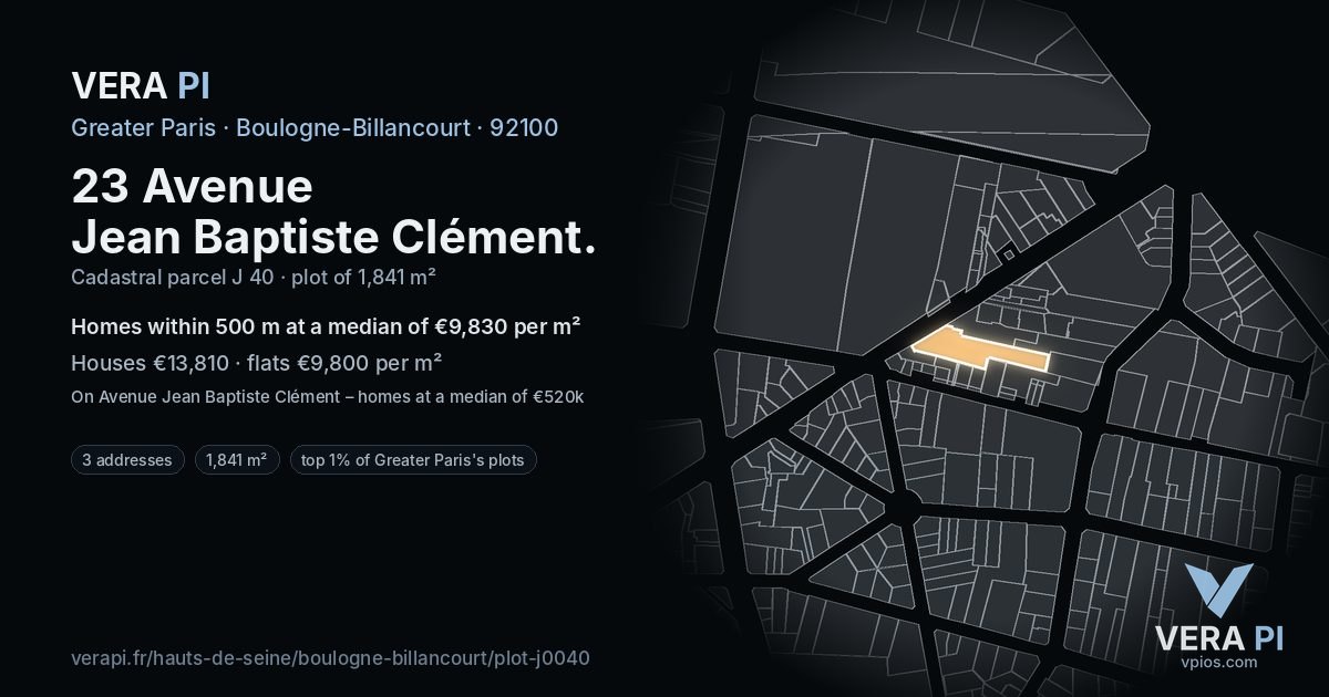 23 Avenue Jean Baptiste Clément, Boulogne-Billancourt at night – the plot lit, the parcels around coloured by the prices near them