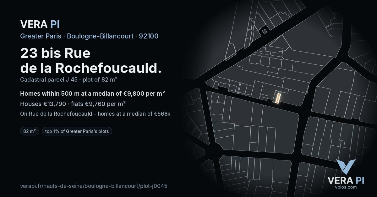 23 bis Rue de la Rochefoucauld, Boulogne-Billancourt at night – the plot lit, the parcels around coloured by the prices near them