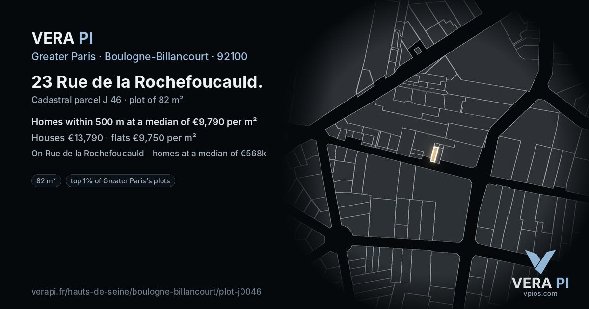 23 Rue de la Rochefoucauld, Boulogne-Billancourt at night – the plot lit, the parcels around coloured by the prices near them