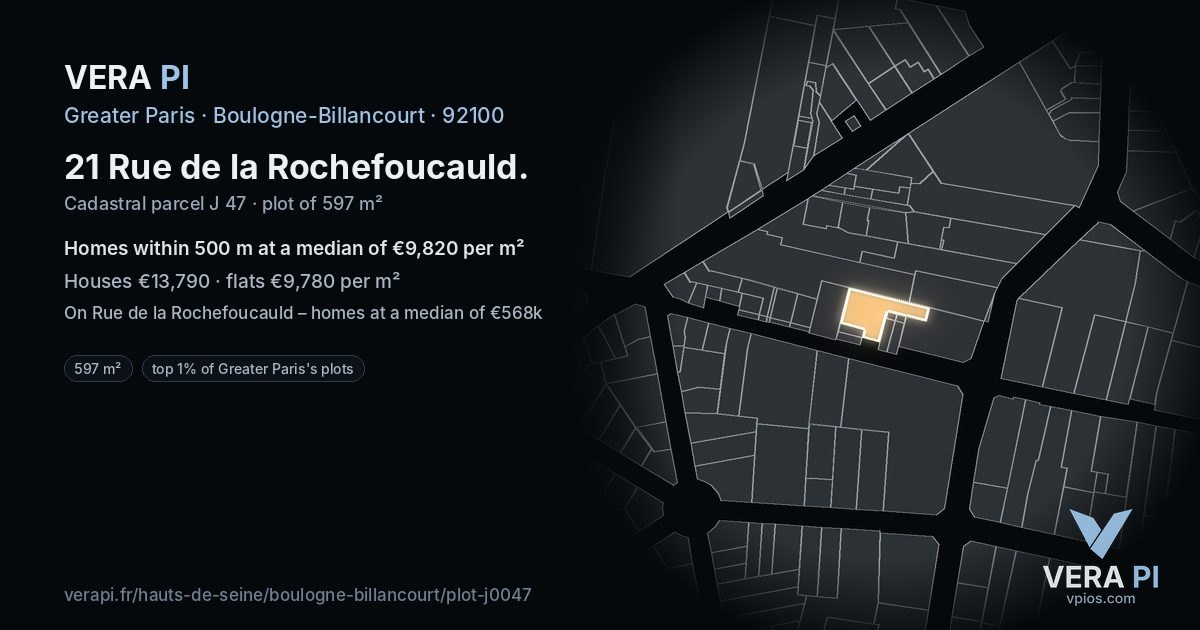 21 Rue de la Rochefoucauld, Boulogne-Billancourt at night – the plot lit, the parcels around coloured by the prices near them
