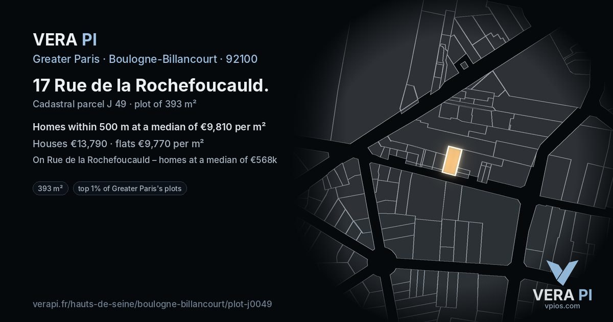17 Rue de la Rochefoucauld, Boulogne-Billancourt at night – the plot lit, the parcels around coloured by the prices near them