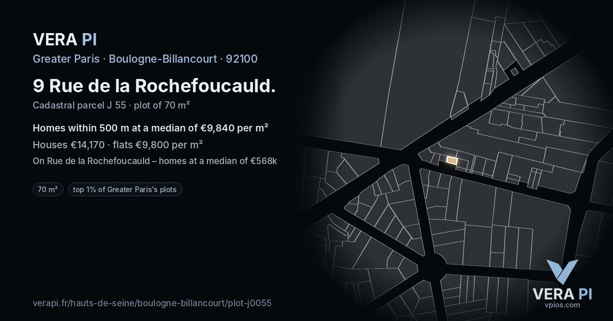9 Rue de la Rochefoucauld, Boulogne-Billancourt at night – the plot lit, the parcels around coloured by the prices near them