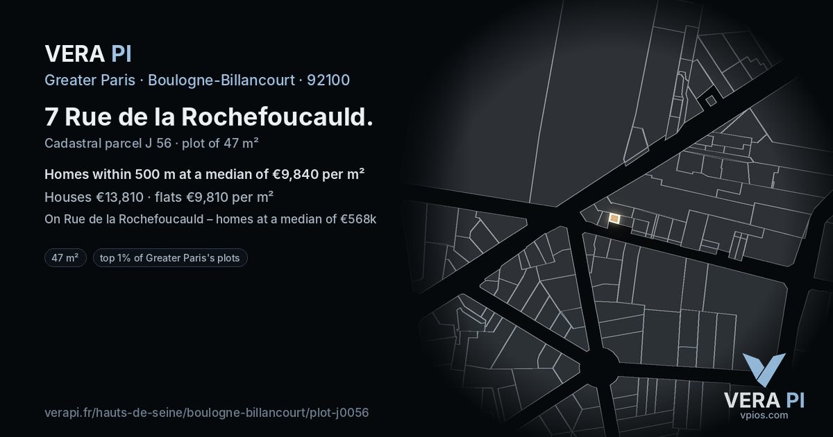 7 Rue de la Rochefoucauld, Boulogne-Billancourt at night – the plot lit, the parcels around coloured by the prices near them