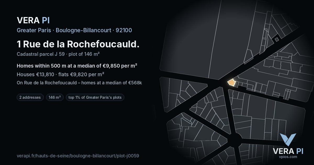 1 Rue de la Rochefoucauld, Boulogne-Billancourt at night – the plot lit, the parcels around coloured by the prices near them