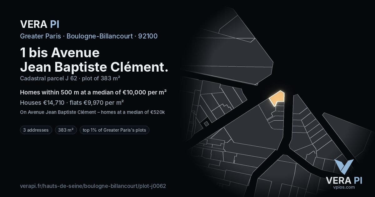 1 bis Avenue Jean Baptiste Clément, Boulogne-Billancourt at night – the plot lit, the parcels around coloured by the prices near them