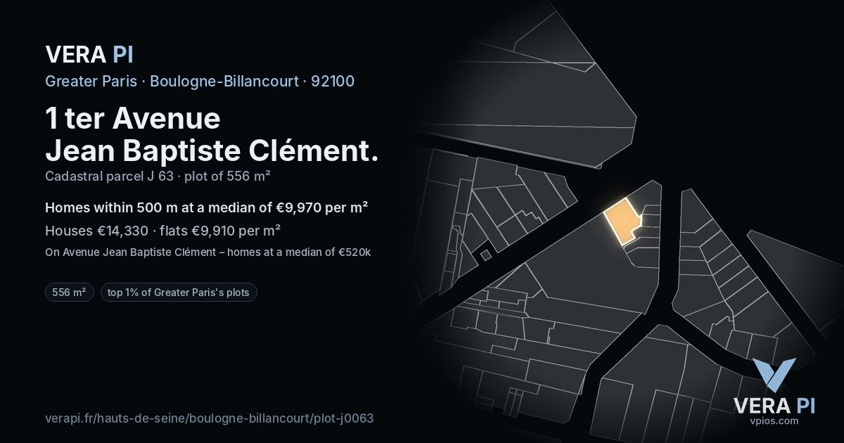 1 ter Avenue Jean Baptiste Clément, Boulogne-Billancourt at night – the plot lit, the parcels around coloured by the prices near them