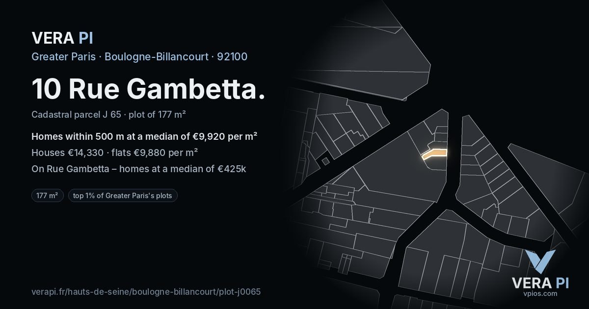 10 Rue Gambetta, Boulogne-Billancourt at night – the plot lit, the parcels around coloured by the prices near them